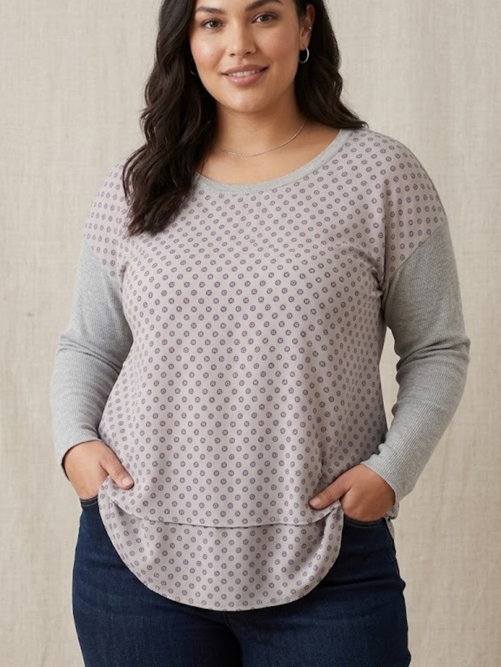 Lauren Ralph Lauren Plus Size OS Geometric Mixed Media Layered Tunic Grey  Curvy
